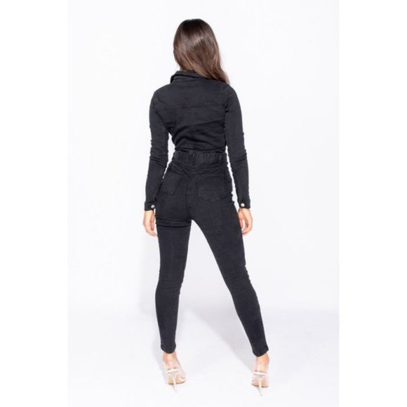 Black Denim Jeans Long Sleeve Belted Bodycon Jumpsuit Playsuit - Picture 2 of 10